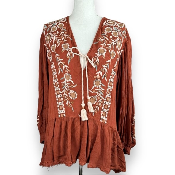 Free People Wild Dreams Embroidered Tunic Top Dress Rust Long Sleeve Peplum - Picture 9 of 9